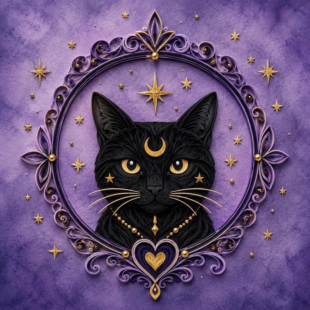 8x8 Framed Quilling-Style Celestial Black Cat Art Print